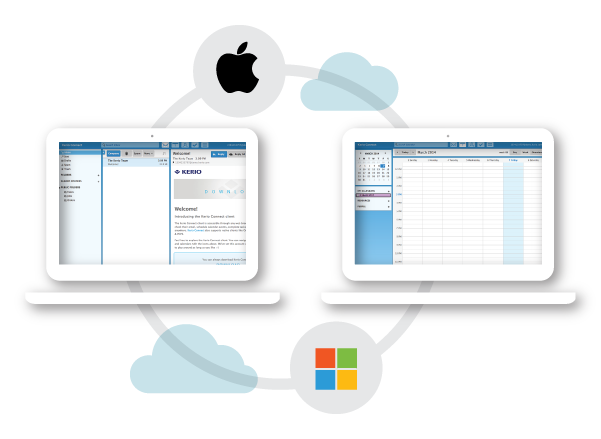 Computadoras windows y mac corriendo Kerio Connect