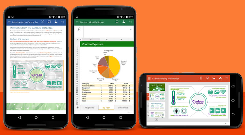 Microsoft presenta el previo de Word, Excel y Powerpoint para dispositivos Adroid.